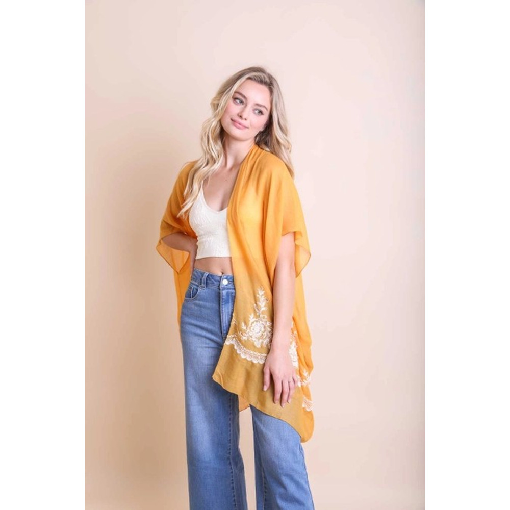 Lightweight Floral Embroidered Tassels Boho Festival Kimono Wrap Mustard Yellow